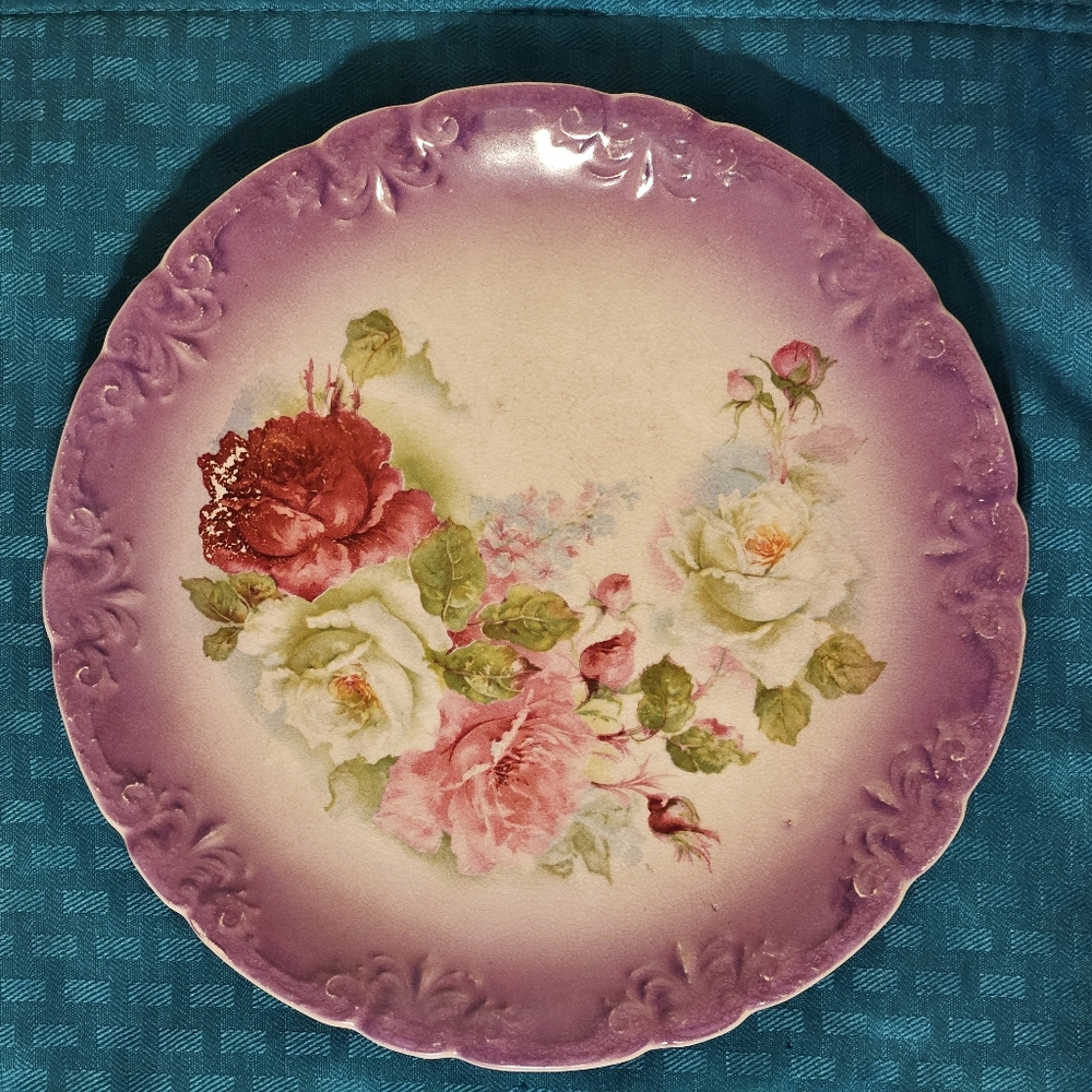 Vintage Antique 9.25" Unmarked Floral Flowers Hand Painted Decorative Plate